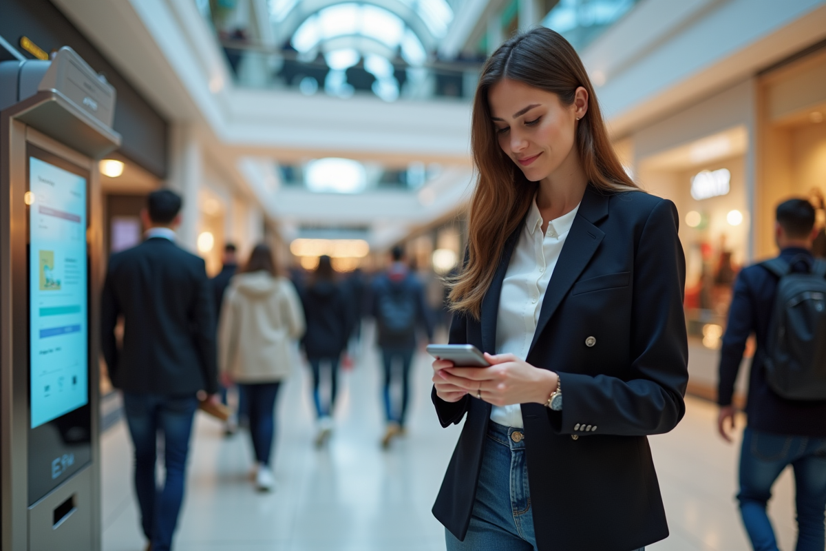 Femme vérifiant son smartphone près d un kiosque crypto dans un centre commercial