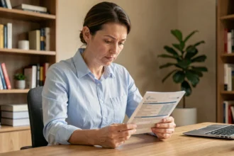 Femme lisant attentivement un contrat de mutuelle santé dans un bureau à domicile