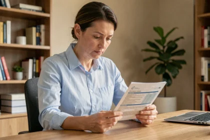 Femme lisant attentivement un contrat de mutuelle santé dans un bureau à domicile