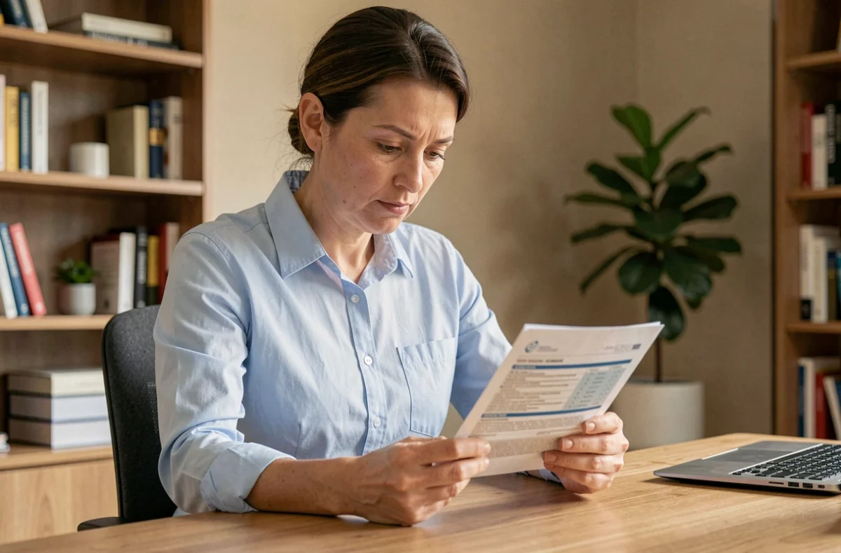 Femme lisant attentivement un contrat de mutuelle santé dans un bureau à domicile