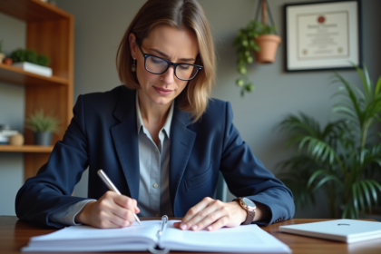 Femme d'âge moyen lisant des documents juridiques à son bureau