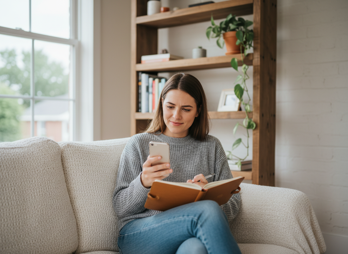 Jeune femme lisant dans son salon
