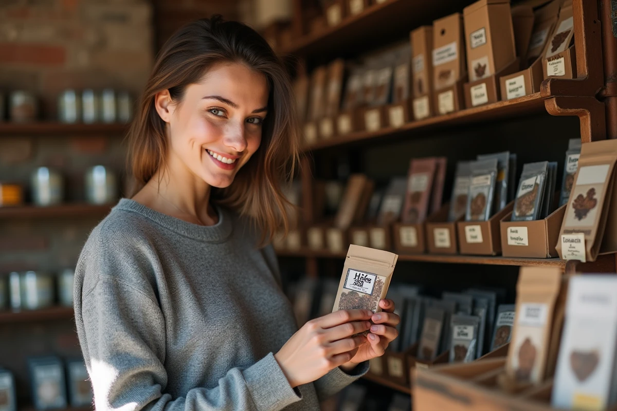 Jeune femme examine du tabac dans un marché espagnol