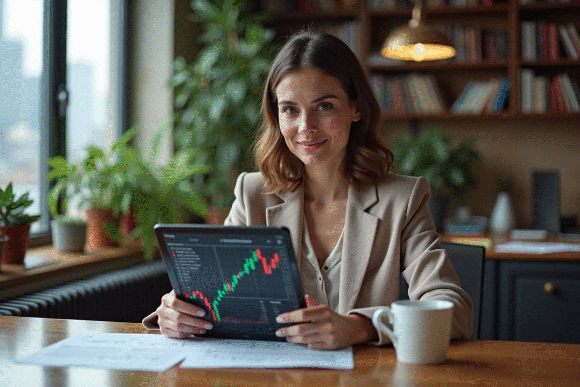 Femme confiante avec tablette et graphiques ETF
