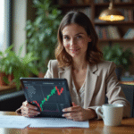 Femme confiante avec tablette et graphiques ETF
