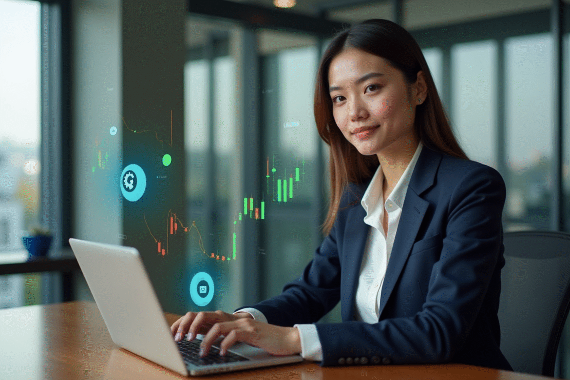 Jeune femme d'affaires avec ordinateur et graphiques crypto