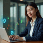 Crypto-monnaie stable : Quelle est la plus fiable et sécurisée ? Jeune femme d'affaires avec ordinateur et graphiques crypto