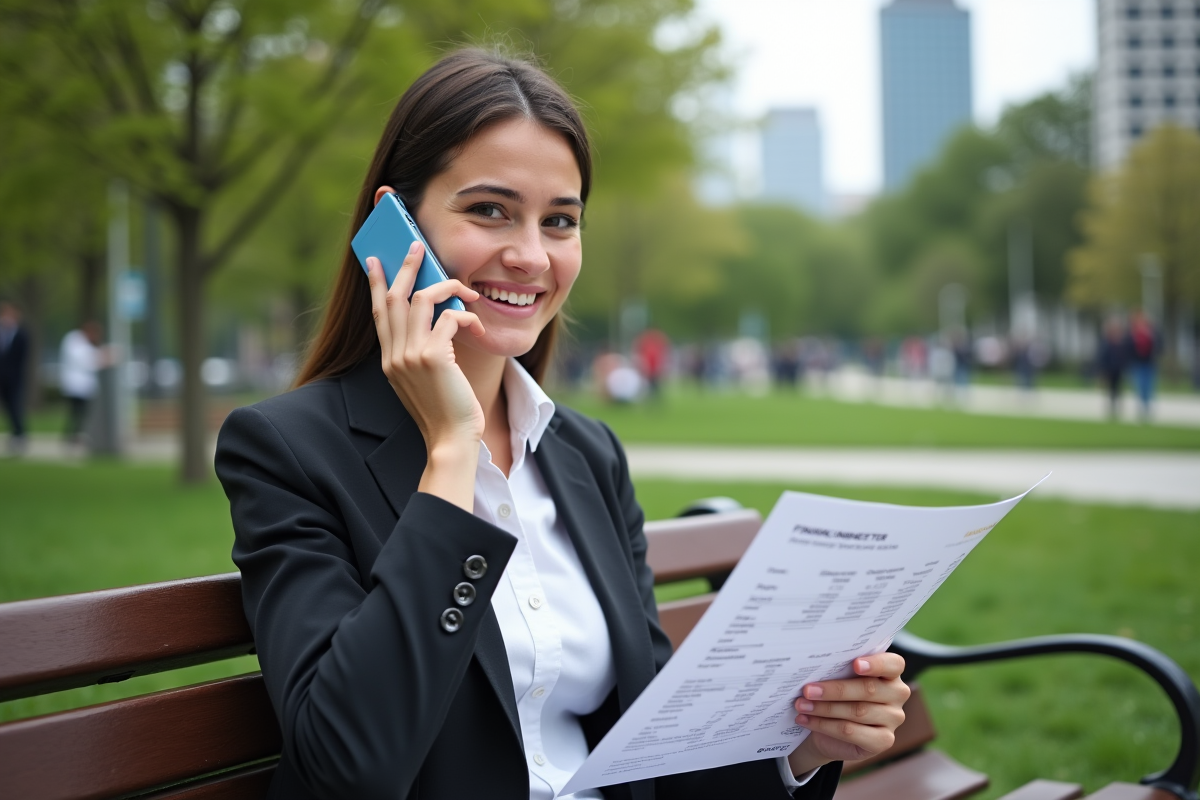 Jeune femme en ville au téléphone avec rapport financier