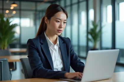 Femme professionnelle consultant le portail CMUT Direct Connexion sur un ordinateur portable dans un bureau moderne en 2026