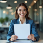 Crédit express : l'essentiel pour une approbation rapide Femme souriante tenant un document de pret approuve dans un bureau