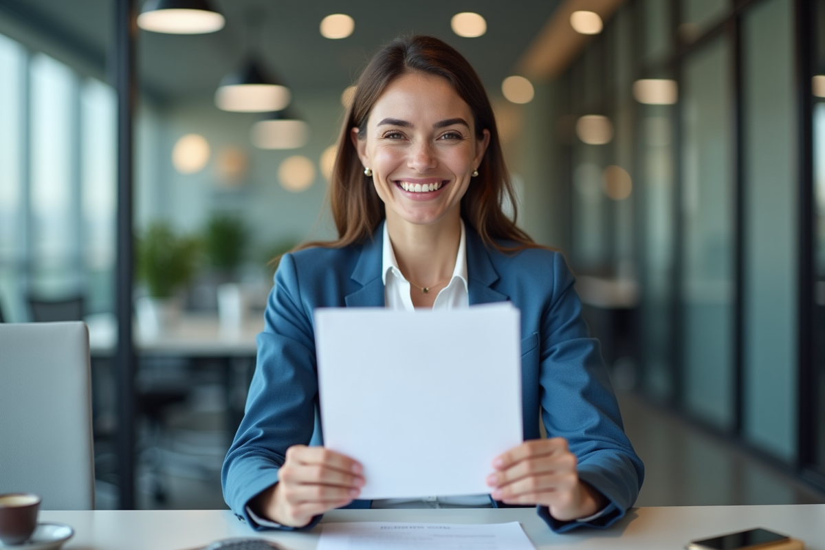 Femme souriante tenant un document de pret approuve dans un bureau