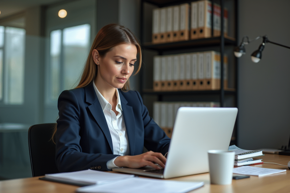 Femme professionnelle en bureau moderne avec ordinateur