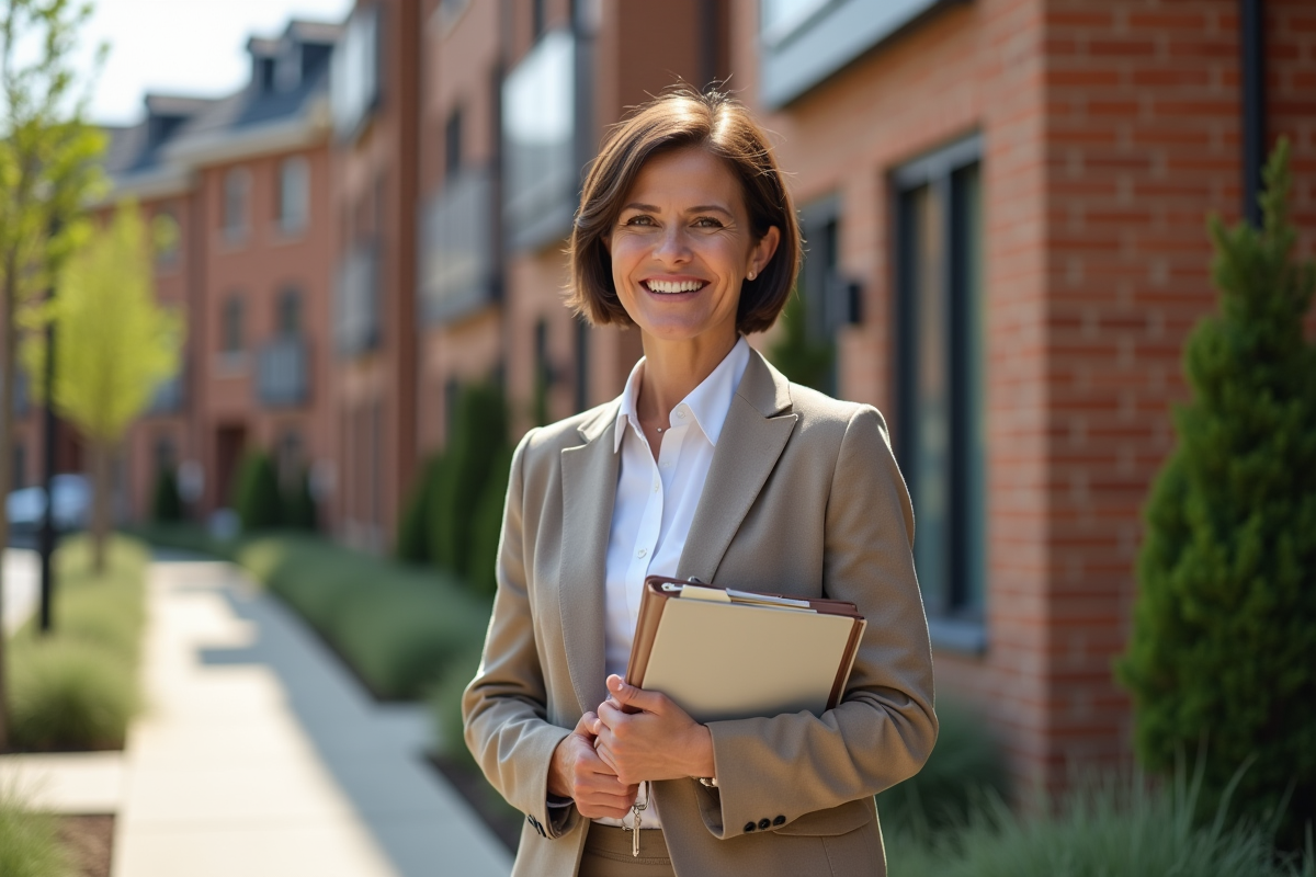 Femme souriante tenant ses clés devant un immeuble récent