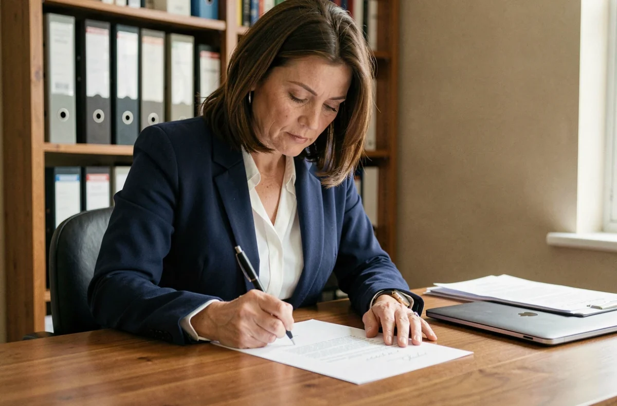 Femme rédigeant une lettre de fermeture de compte bancaire à son bureau à domicile