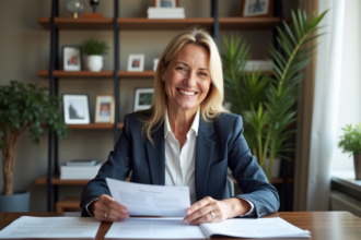 Femme d'âge moyen souriante dans un bureau à domicile