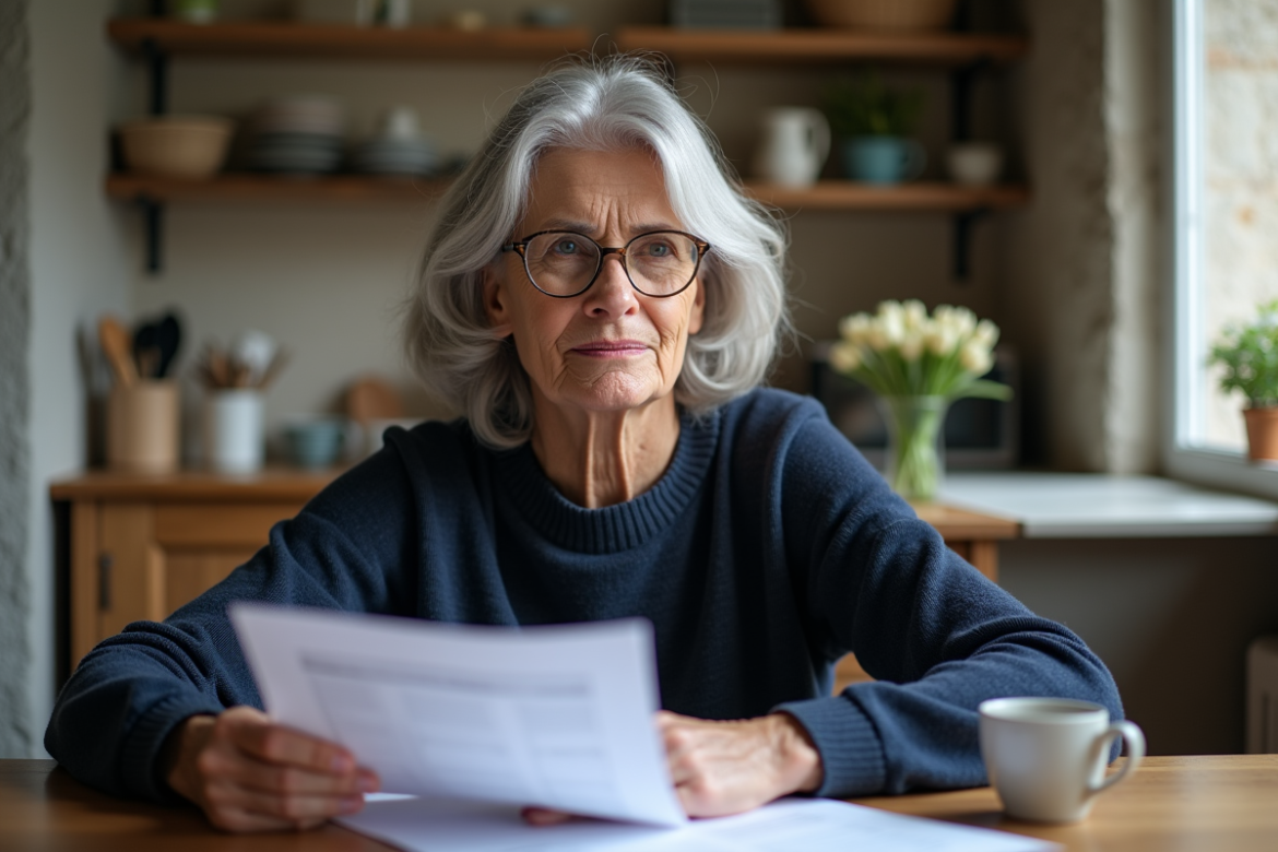 Femme française retraitée examinant des papiers de retraite