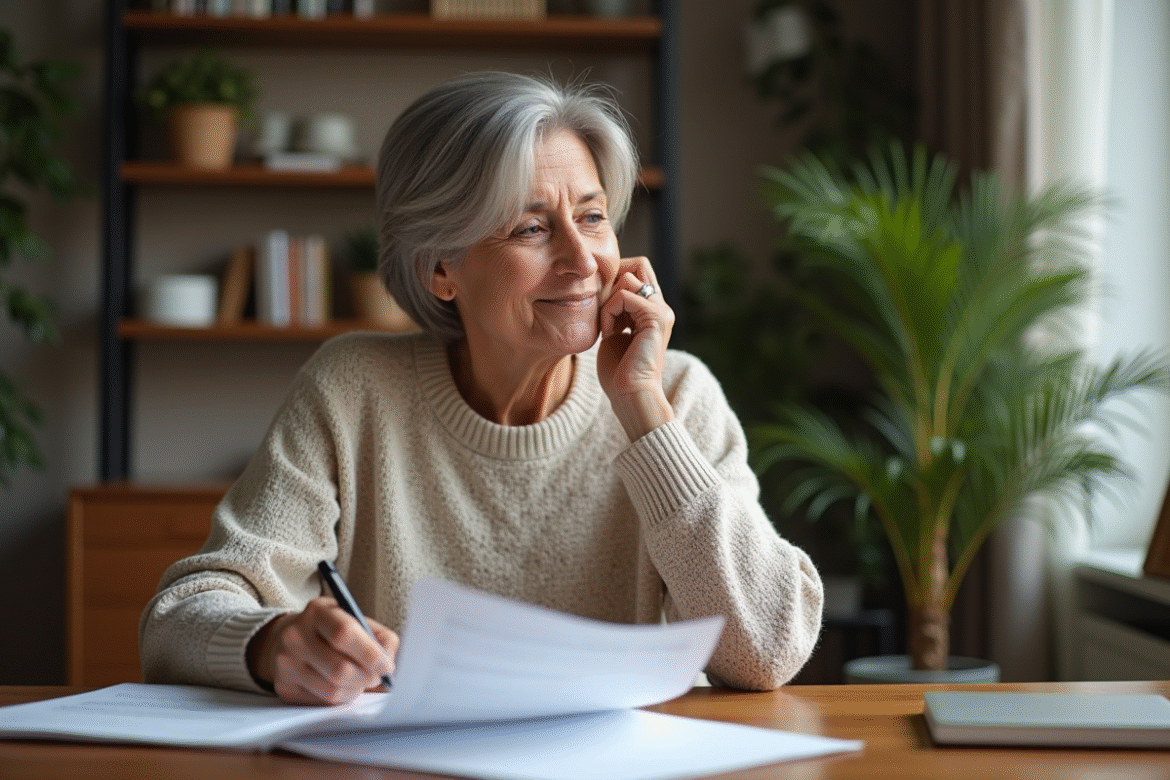 Femme d'âge moyen examinant des papiers de retraite
