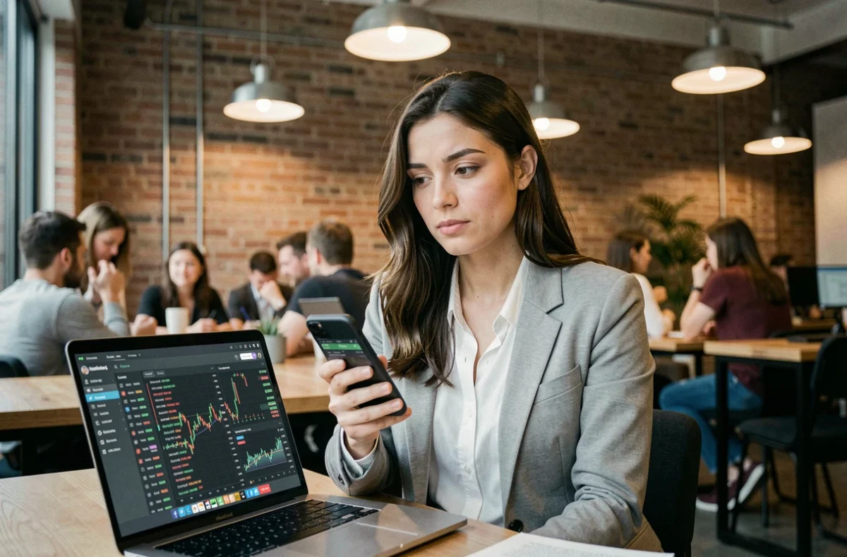 Femme dans un espace de co-working examinant une interface de robot de trading automatisé sur ordinateur portable et smartphone