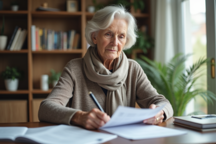 Femme senior concentrée remplissant un papier d'assurance à la maison