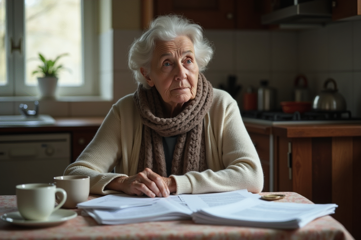 Femme senior assise à la cuisine avec papiers et documents