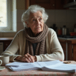 Retraite sans avoir travaillé : quel est le minimum à percevoir ? Femme senior assise à la cuisine avec papiers et documents