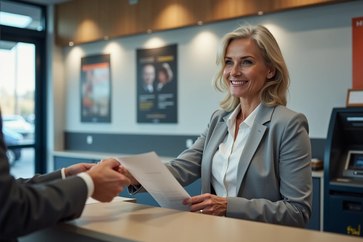 Femme souriante remettant des documents au guichet d