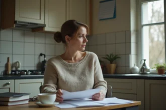 Femme seule consultant des documents administratifs sur la revalorisation du RSA 2026 dans une petite cuisine