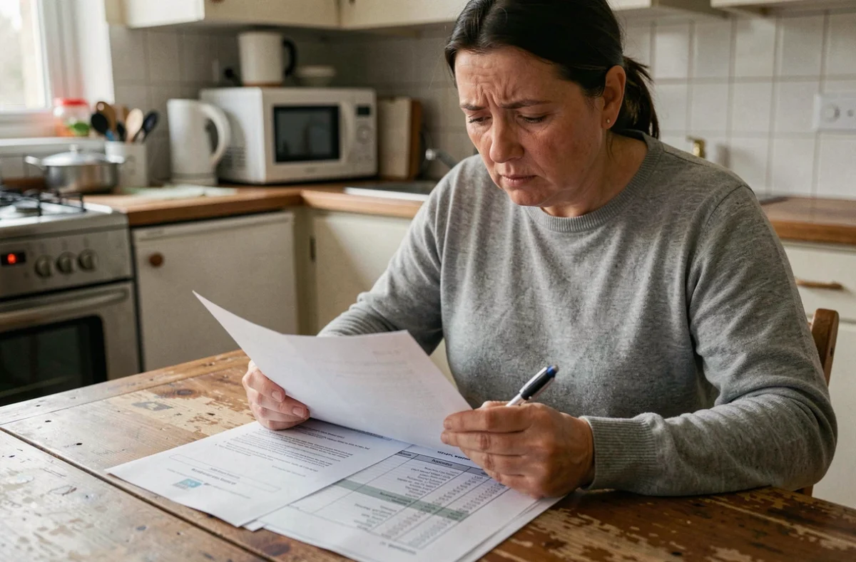 Femme seule examinant des documents administratifs liés au RSA à la table de sa cuisine modeste