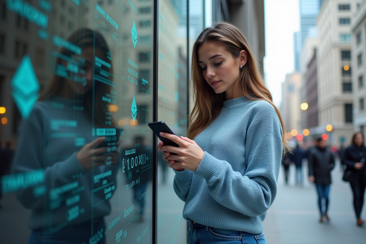 Femme regardant son smartphone devant un bâtiment financier