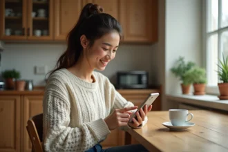 Jeune femme utilisant une application financière sur smartphone dans une cuisine lumineuse