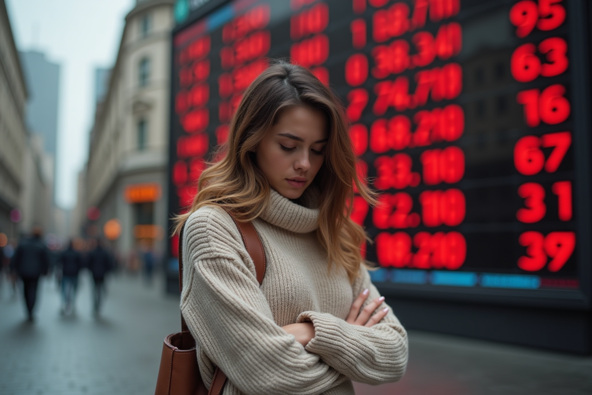 Jeune femme devant un tableau boursier en ville