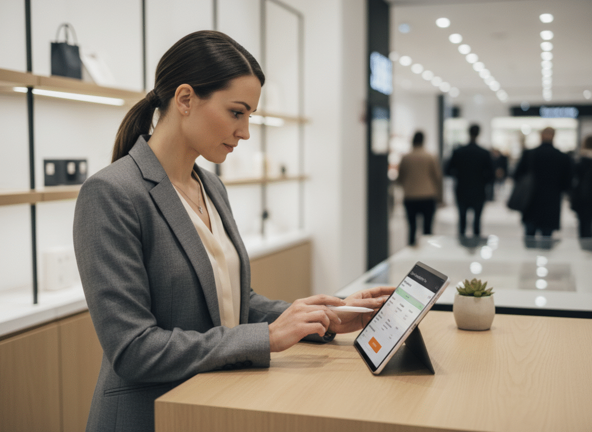 Femme professionnelle utilisant une tablette en magasin