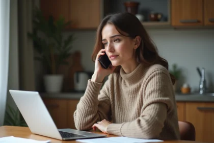 Jeune femme au téléphone dans sa cuisine chaleureuse