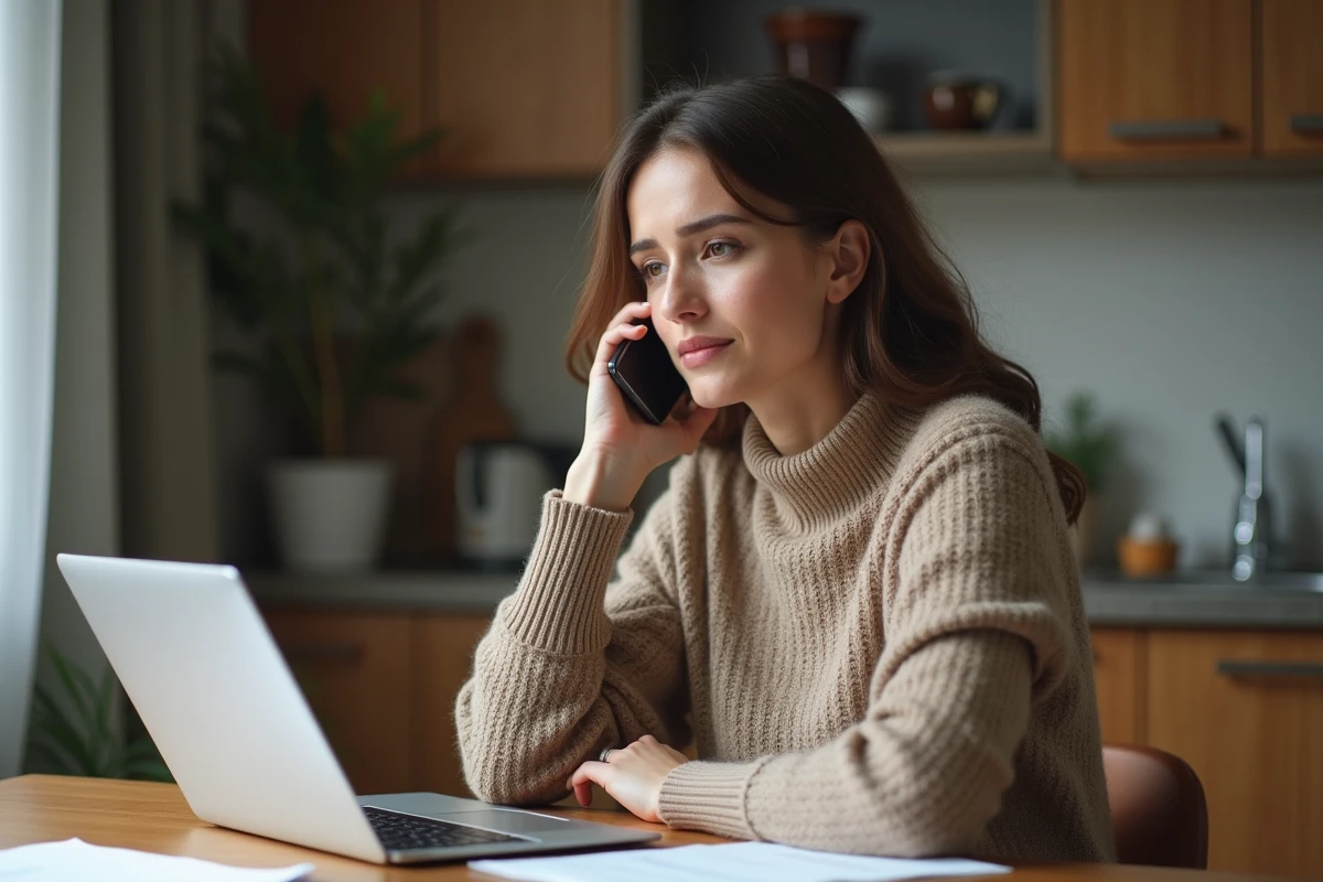 Jeune femme au téléphone dans sa cuisine chaleureuse
