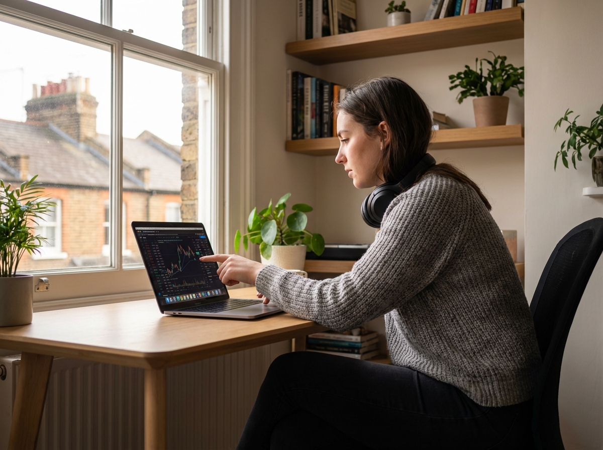 Jeune femme suivant les graphiques boursiers sur son ordinateur