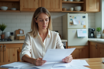 Femme d'âge moyen triant des papiers dans une cuisine moderne