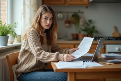 Femme concentrée à son bureau à domicile avec papiers et ordinateur