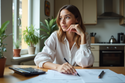 Femme concentrée travaillant à la maison avec papiers et calculatrice