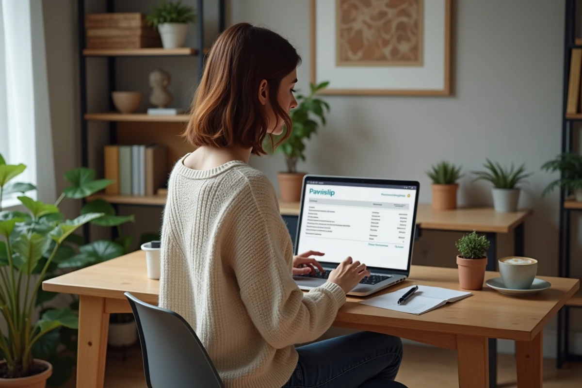 Femme en sweater travaille sur son ordinateur avec fiche de paie
