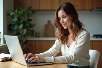 Femme assise à la cuisine travaillant sur un ordinateur portable