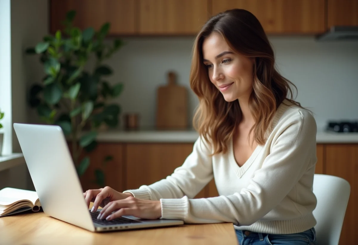 Femme assise à la cuisine travaillant sur un ordinateur portable