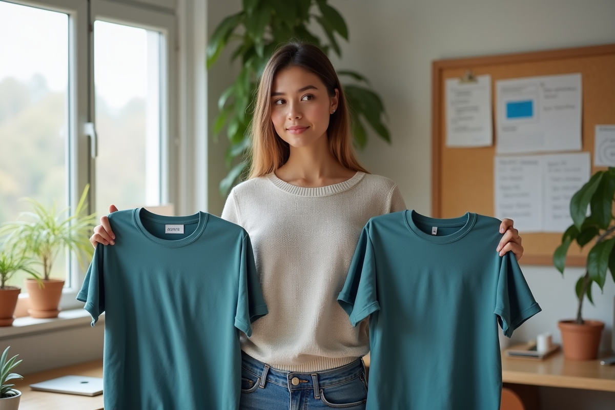Femme tenant deux t-shirts personnalisés dans un bureau moderne