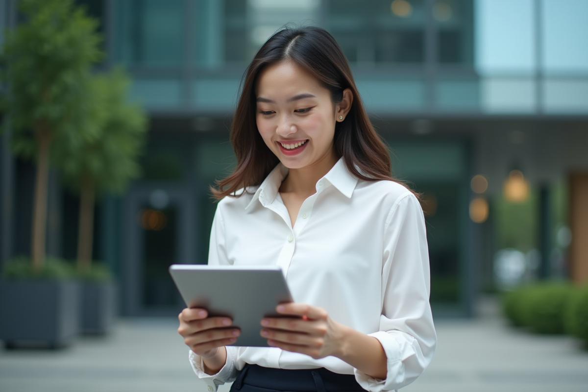 Femme vérifiant chiffres cryptomonnaie devant bâtiment moderne