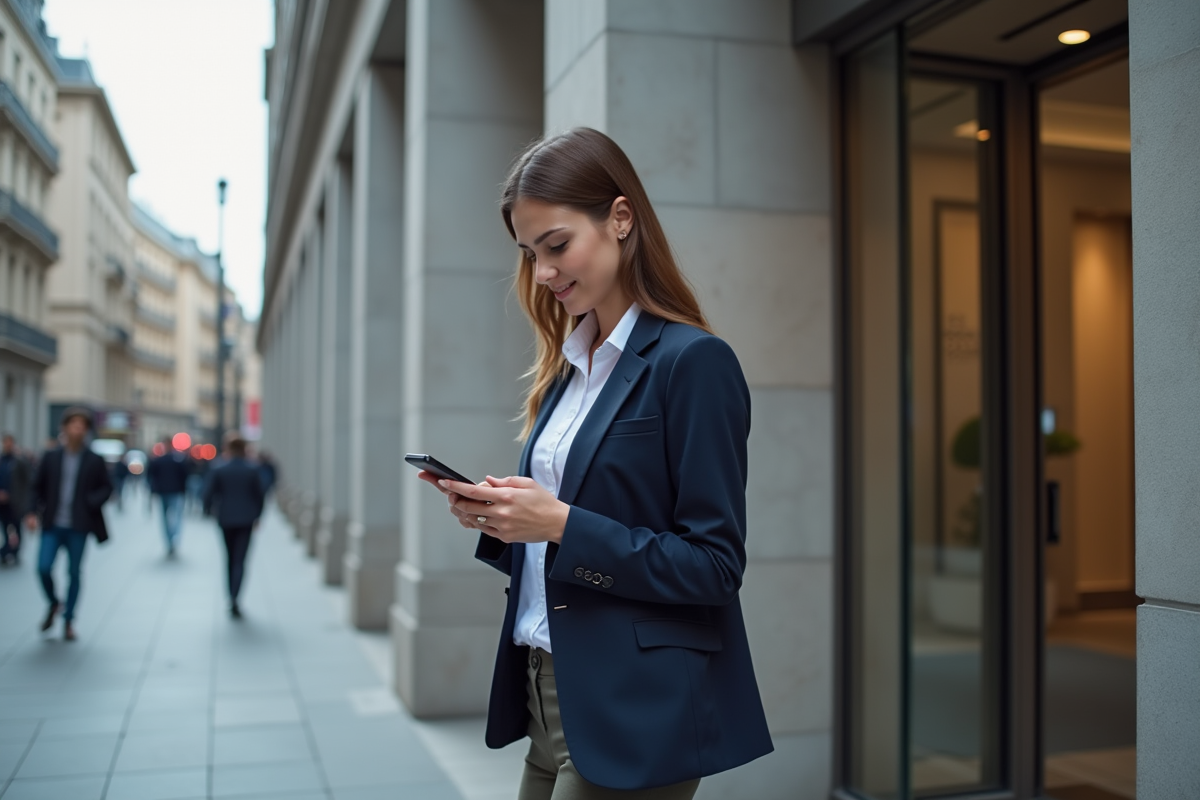 Femme d affaires vérifiant son smartphone devant un bâtiment financier