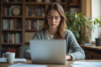 Femme consultant son relevé bancaire sur un ordinateur portable pour détecter des prélèvements non autorisés comme REMISEREDUC