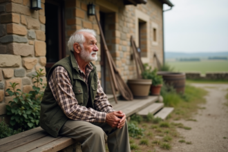 Paysage rural avec un fermier retraité contemplant la campagne
