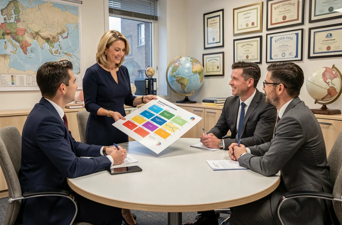 Conseillère de La Financière Européenne d'Investissement présentant un plan de diversification patrimoniale à des clients