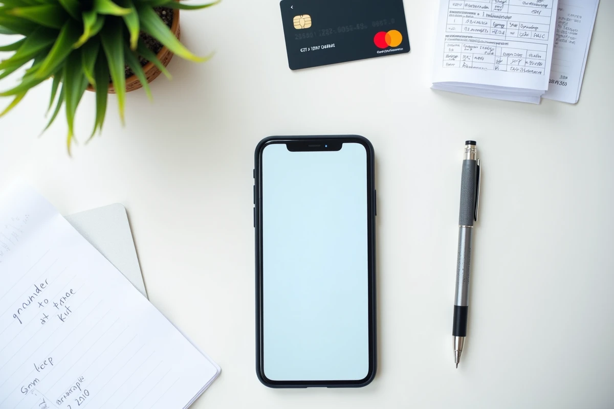 Vue de dessus d'un smartphone affichant un paiement en plusieurs fois pour du matériel sportif, entouré d'une carte bancaire et d'un relevé de budget