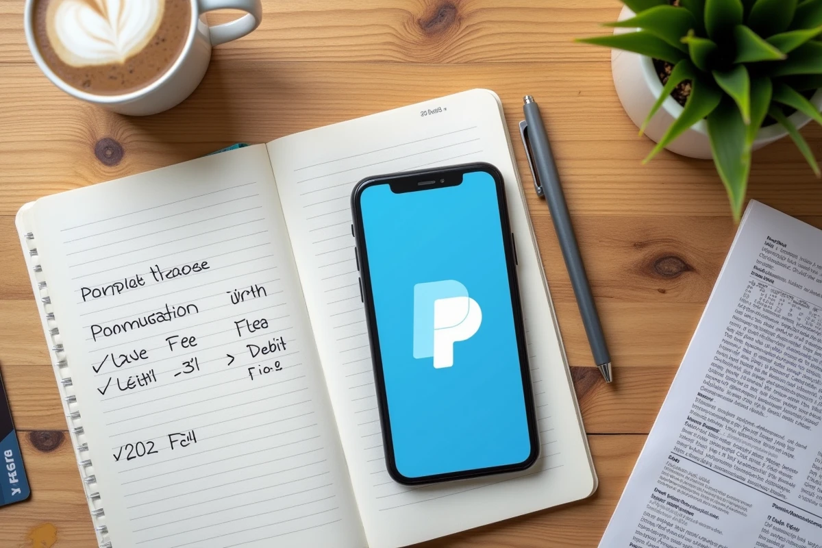 Vue du dessus d'un bureau avec smartphone affichant un virement PayPal, notes de calcul de frais et relevé bancaire
