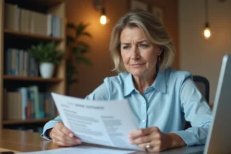 Femme consultant ses relevés de compte La Banque Postale à son bureau à domicile pour comprendre les frais de tenue de compte 2026